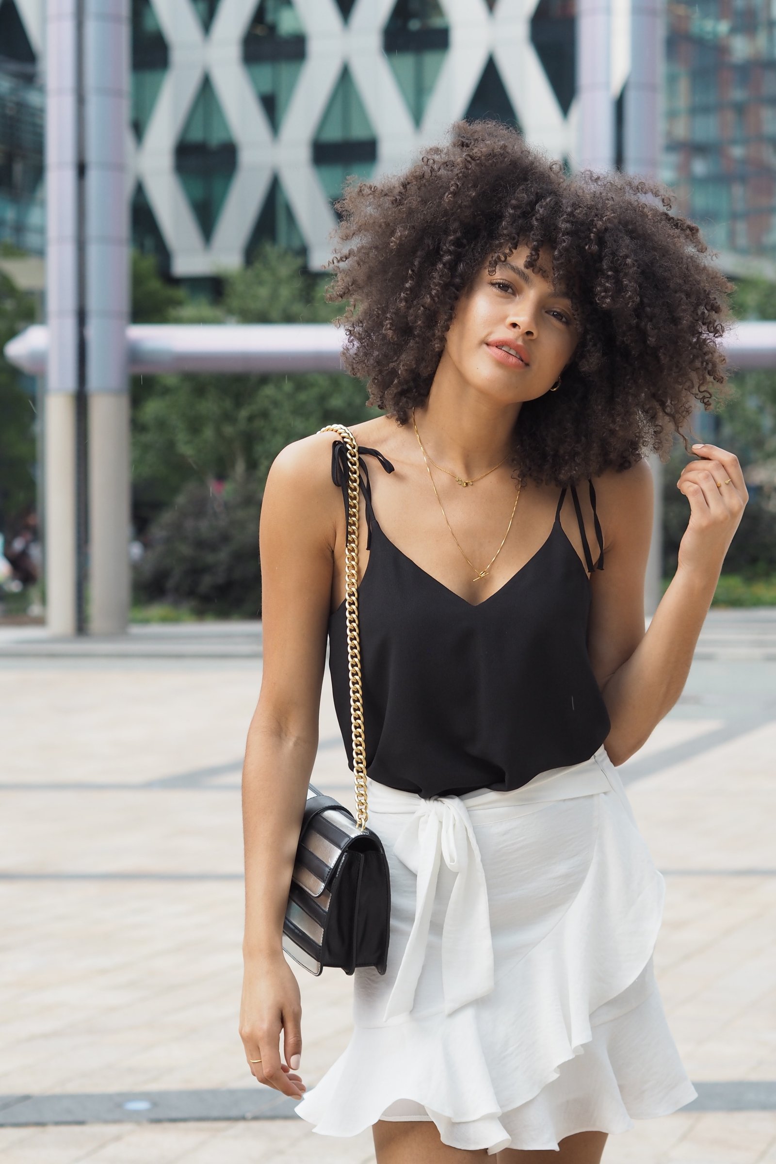White Ruffle Mini Skirt and Black Cami Summer Outfit