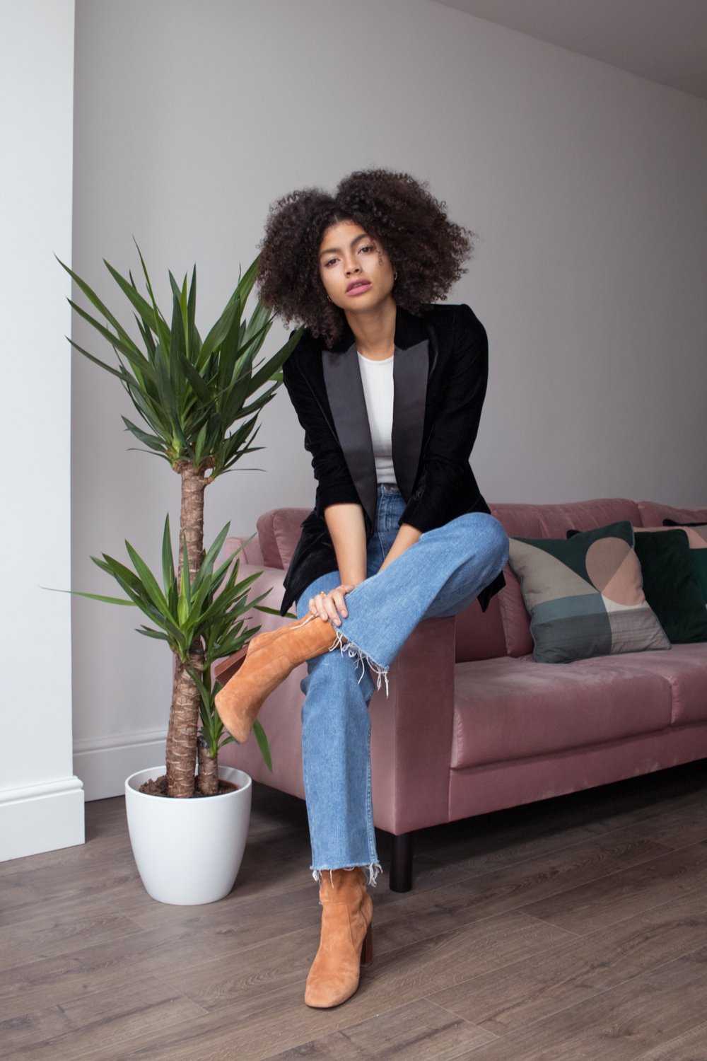 Topshop LFW Black Velvet Tuxedo Blazer and Cropped Denim Flare and Other Stories Jeans Outfit