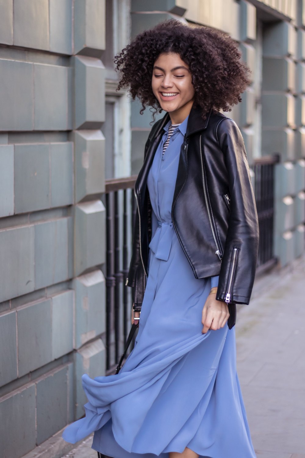 Blue Finery London shirt dress and faux leather biker jacket outfit