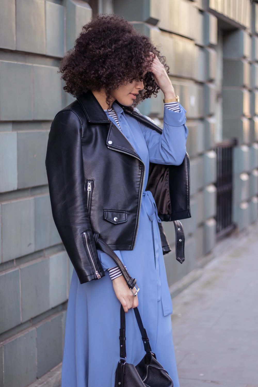 Faux leather biker jacket and dress outfit