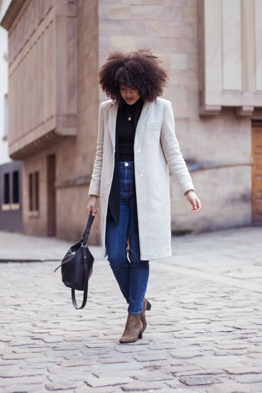 Minimal slim coat jeans and boots outfit