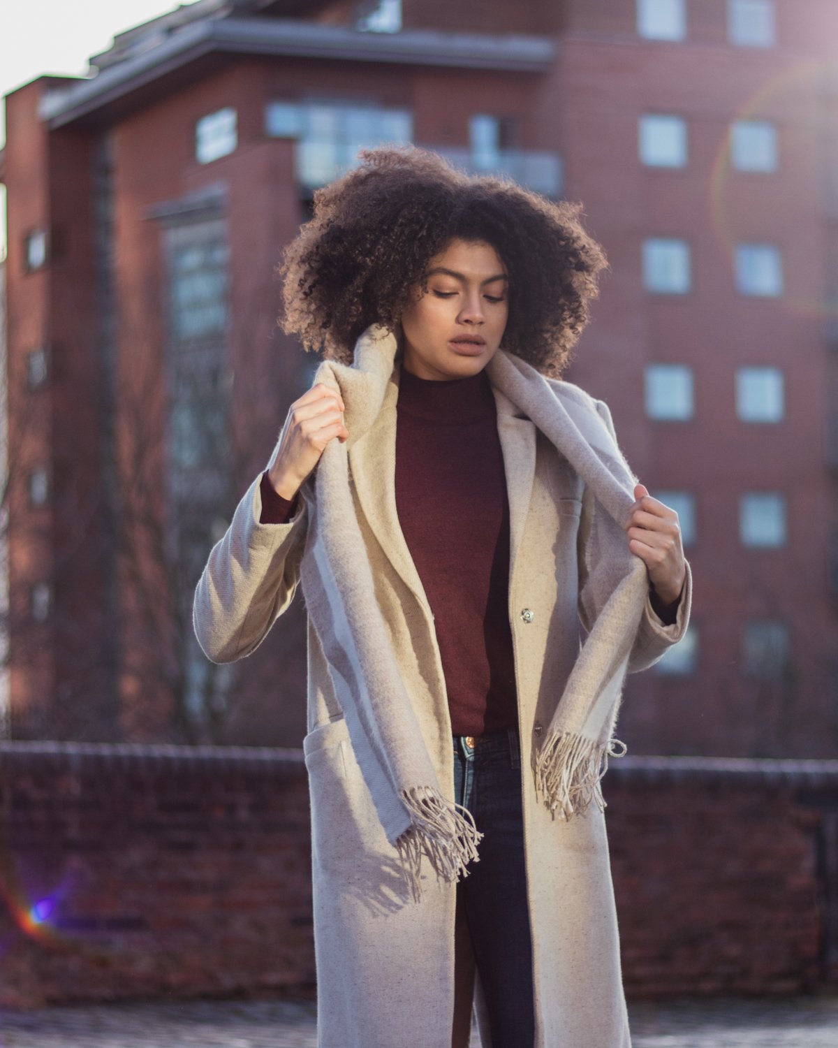 Oatmeal slim coat and scarf minimal style winter outfit
