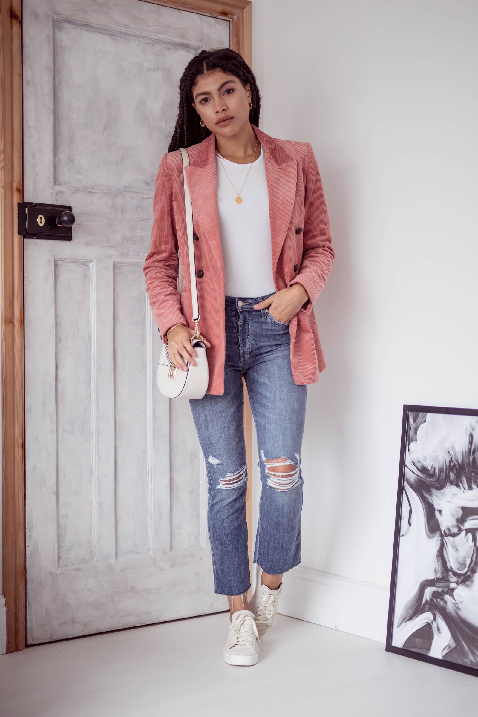Casual Everyday cropped denim jeans and pink double breasted corduroy blazer outfit
