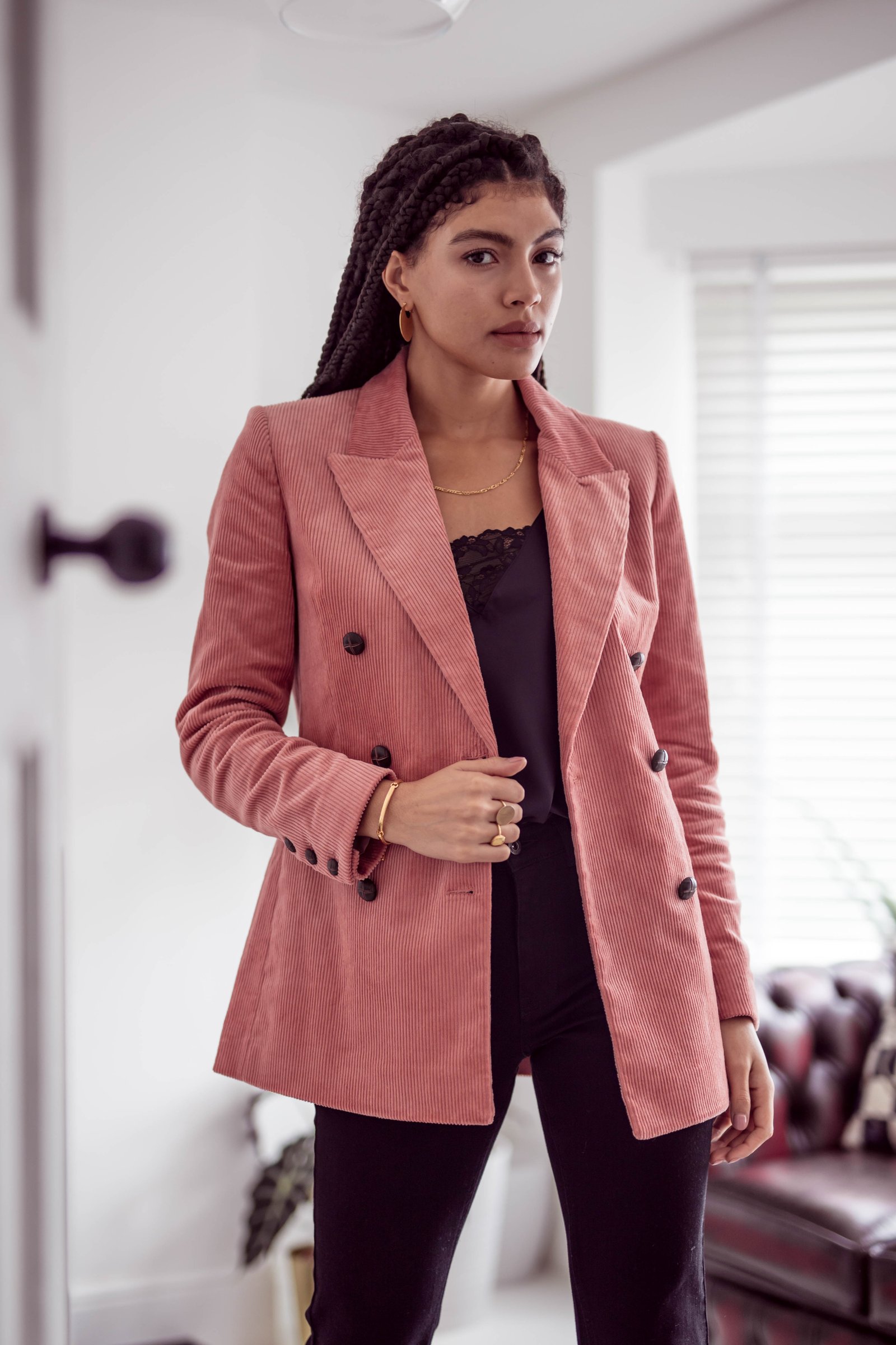 Other Stories Pink Double Breasted Corduroy Blazer Outfit