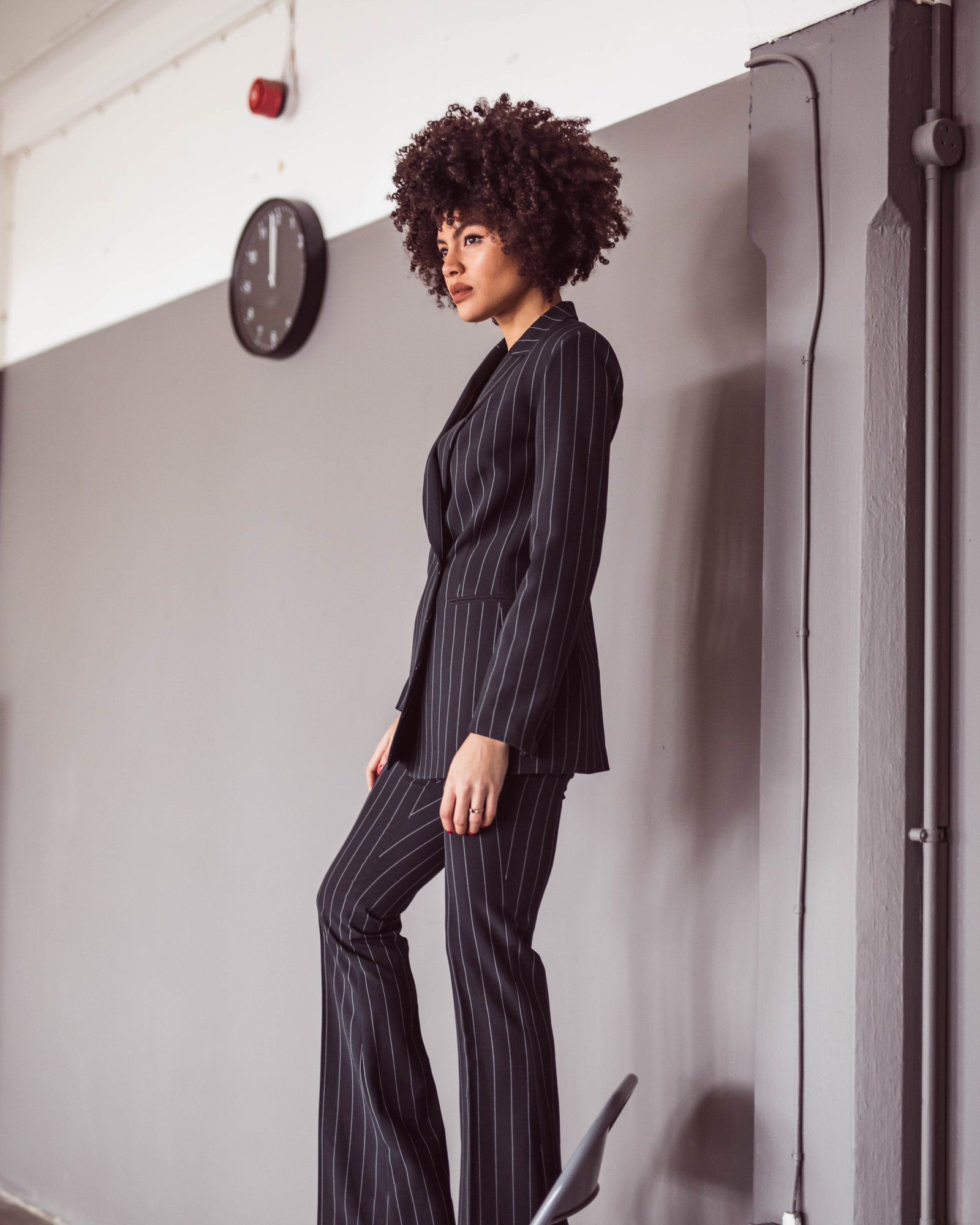 Samio style blogger creative manchester shoot in pin stripe suit